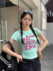 女款字母印花短袖T恤，夏季性感修身短版上衣，獨特設計休閒風 - 薄荷綠-2 - 查看 3