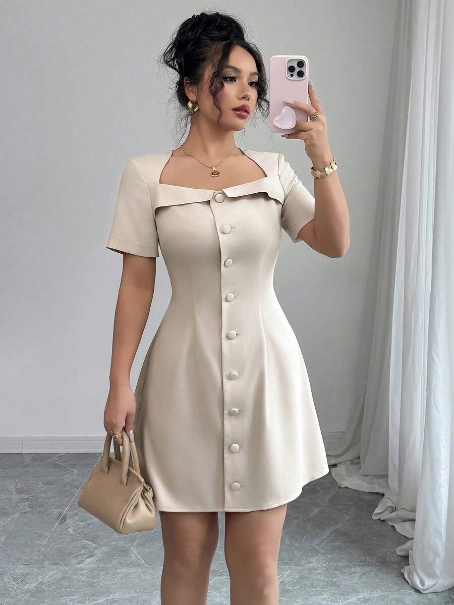 Vestido mini de línea A con cuello trapezoidal, volantes, botones delanteros y cintura para uso diario, elegante, para primavera/verano - Albaricoque - Ver 1