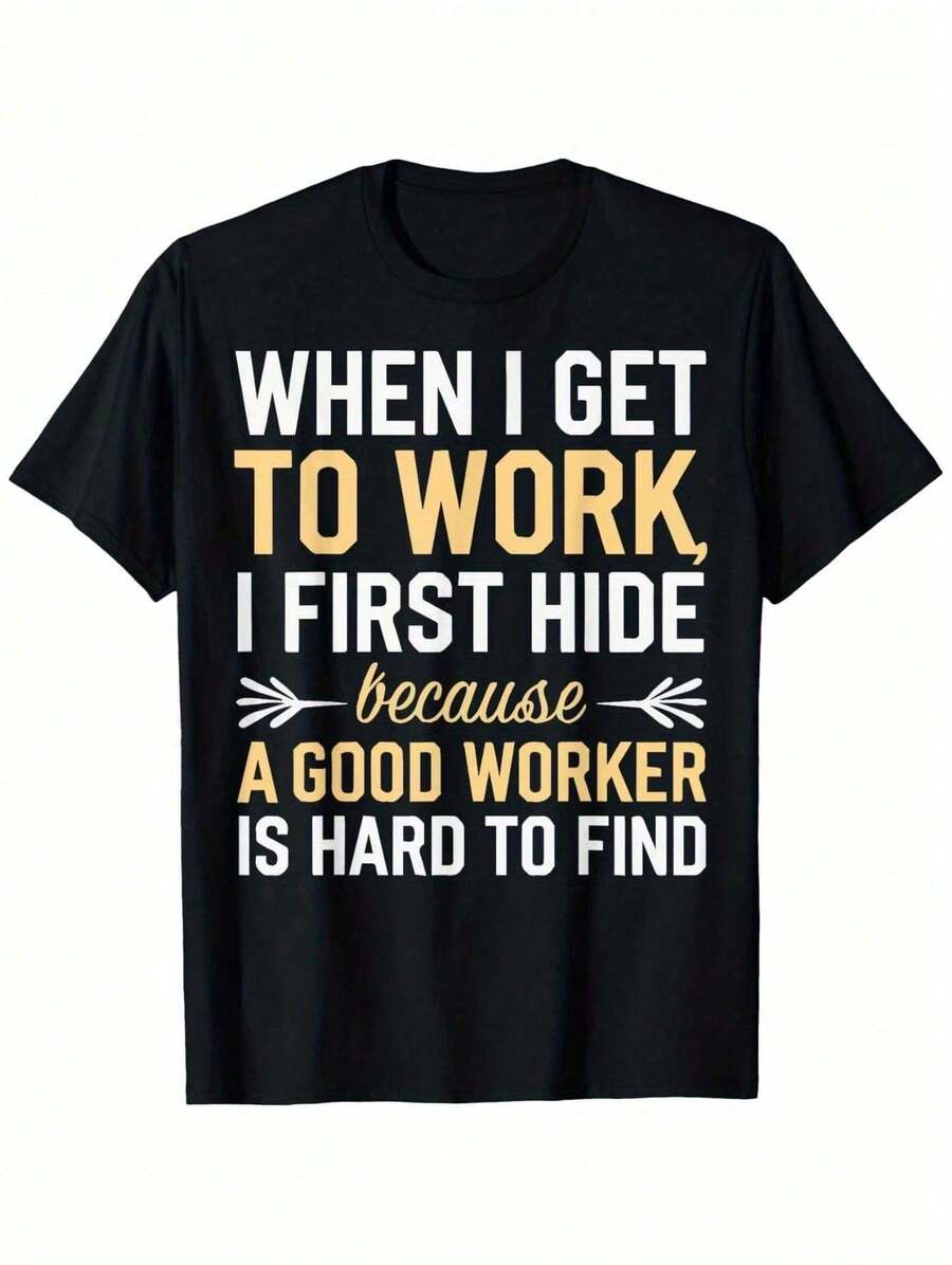Camiseta Divertida de Oficina para Hombres – Camiseta con Estampado 'Cuando Llego al Trabajo, Primero Me Escondo', Cuello Redondo de Algodón Cómodo, Ropa Casual de Verano, Textura Suave, Lav - Negro - Ver 1