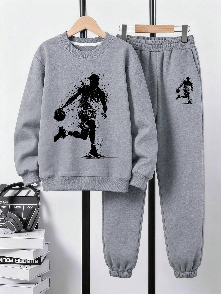 2pcs/Set Boys Casual Versatile Sports Long Pants, Printed With Silhouette Basketball Player Graphic, Suitable For Spring/Summer, Autumn, Family Gatherings, Back To School, Sports And Other Occasions - Multicolor - View 1