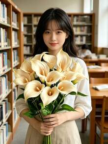 3pcs Champagne Calla Lily Artificial Flowers With Leaves, Suitable For Wedding, Vase And Floor Decoration - Champagne - View 5