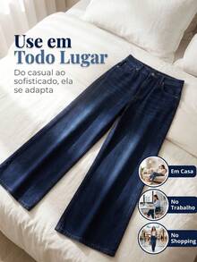 Women's Wide Leg Jeans, High Waist, Comfortable, Dark Blue - 深色水洗藍 - 查看 5