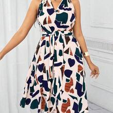 Lady Vestido para mujer con estampado geométrico y lazo en la cintura, para uso en vacaciones de verano - Multicolor - Ver 2