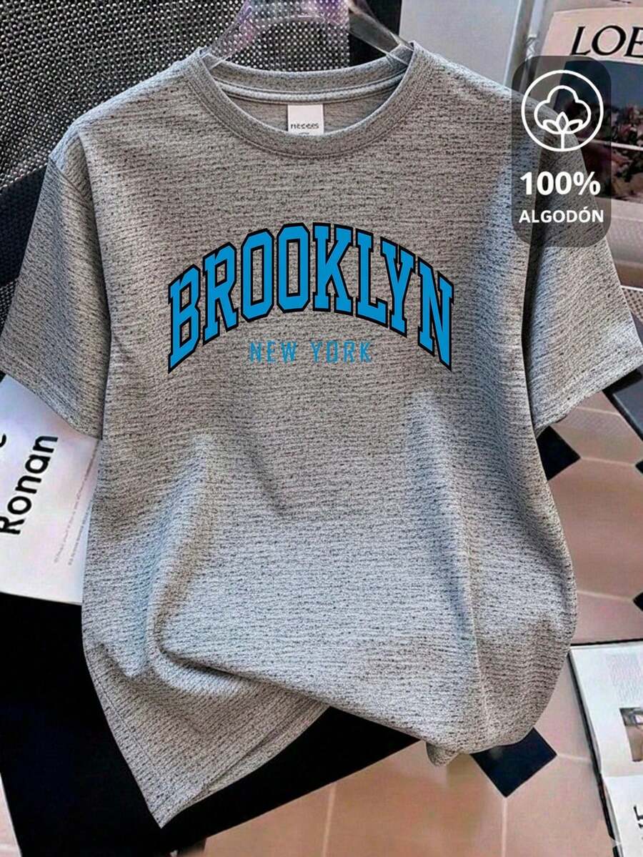 Women's Clothing, Summer Cotton Off-The-Shoulder T-Shirt, Brooklyn Text Print, Casual Top For Women, Designer Women's Clothing. - 灰藍色印花 - 查看 1