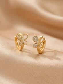 1 Pair Women's Elegant Gold Tone Butterfly Hoop Earrings, Cubic Zirconia Inlaid Sparkly Statement Earrings - Gold 2 - View 3