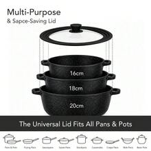 2 Sizes Universal Glass Pot Lid With Silicone Edge Heat Resistant Cover Fits 16-20cm & 24-28cm Cookware Suitable For Frying Pans Woks Stockpots Durable Kitchen Cookware Accessory - Black - View 6