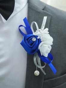 1pc/6pcs Premium Rose With Foam Baby's Breath Elegant Boutonniere Suitable For Groom, Groomsman, Father, Father-In-Law Wedding, Marriage, Engagement, Events, Parties, Banquets, Evening Parties, Anniversary - Royal Blue - View 2