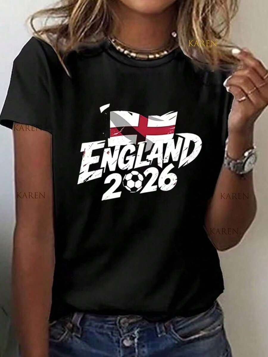 Women's 100% Cotton T-Shirt, Printed With The Graphic 'Y2K Retro England 2026 Varsity Font, Soccer, St. George's Flag', 2026 Football Watch T-Shirt, Casual Women's T-Shirt - 黑色 - 查看 1