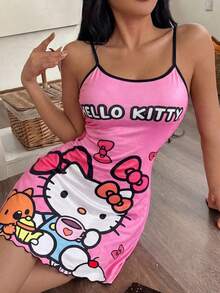 SANRIO 1件 Hello Kitty 粉色休闲可爱舒适简约吊带裙（女款） - 玫紅色 - 查看 5