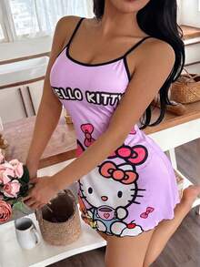 SANRIO 1件 Hello Kitty 粉色休闲可爱舒适简约吊带裙（女款） - 淡紫色 - 查看 5