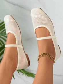 Spring Summer Mesh Breathable Ballet Shoes Square Toe Single Strap Women's Flat Shoes Daily Commute Versatile Slip-On - Beige - View 4