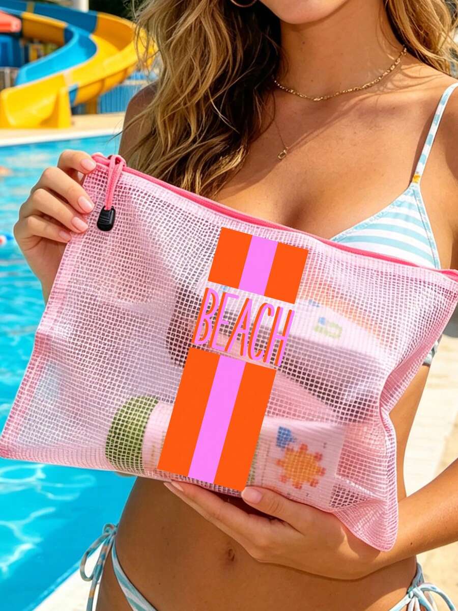 多色時尚防水PVC沙灘包,對比色條紋「Beach」印花,彩色字母印花,A4尺寸,透明化妝包,尼龍拉鍊,適合游泳、潛水和夏季度假,輕量,中性,沙灘包配件,旅行必需品,旅行配件,度假必需品。開學用品盥洗包,大容量洗澡包,女性禮物,郵輪必需品 - 彩色 - 查看 1