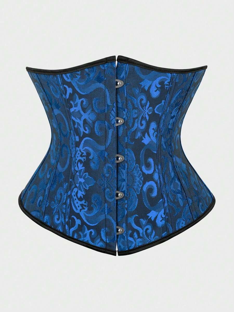 Underbust Corsets For Women,Corset Belt, Women's Floral Jacquard Lace Up Under Boob Corset Slimmer Body Shaper - 黑-藍 - 查看 1