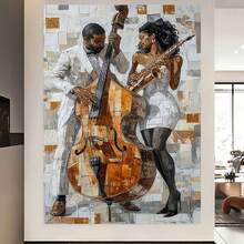 Enmarcado  plano 2D, 1 unidad, lienzo enmarcado con temática de música jazz - Póster de músicos de jazz en blanco y negro (contrabajo y saxofón) - Pintura vertical en tonos beige/marrón para decoración del hogar, oficina o bar - Uso exterior - Regalo de jazz para músicos - Enmarcado - Ver 4