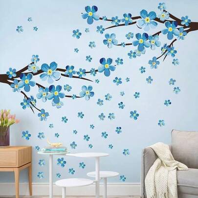 Pegatinas de pared 3D, diseo de flores y pjaros y flores de estilo pastoral, pegatinas de pared para dormitorio de nias, pegatinas de pared de ramas de rbol, decoracin artstica para dormitorio o sala de estar azul