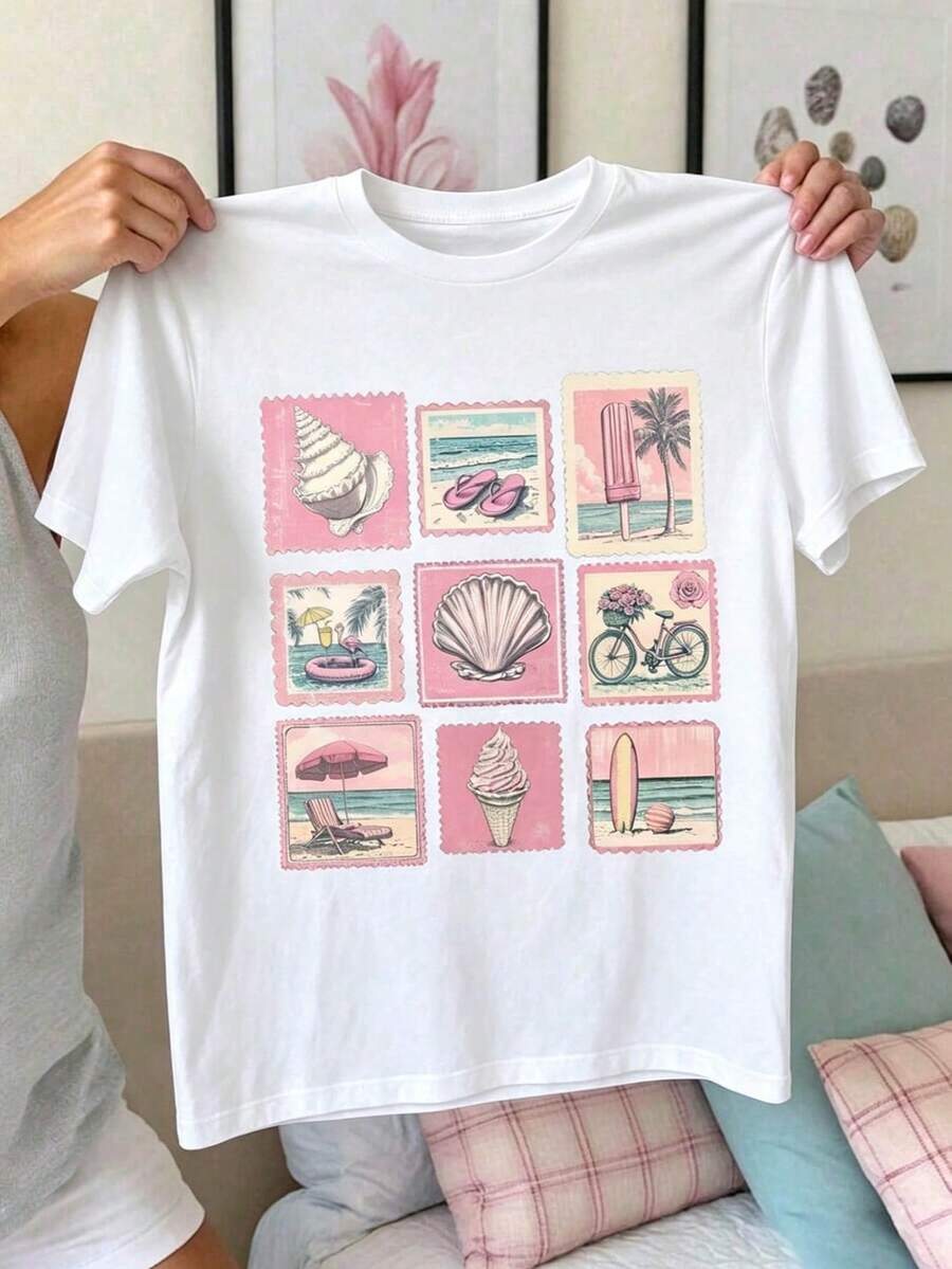 Summer New Style T-Shirt With Sleeves Retro Stamps, Seashell Ice Cream, Surfing Board. Printed Casual Plus-Size T-Shirt. A Gift For Friends, Parents. - 白色 - 查看 1