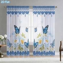 2 pezzi di tende trasparenti in stile rustico fresco, con motivo di farfalle blu e peonie bianche con bordo in pizzo. Stampa piatta 2D, permettono alla luce di filtrare e sono ideali per la decorazione estiva di finestre, sale da pranzo, soggiorni e cucine. - Multicolore - Visualizzare 10