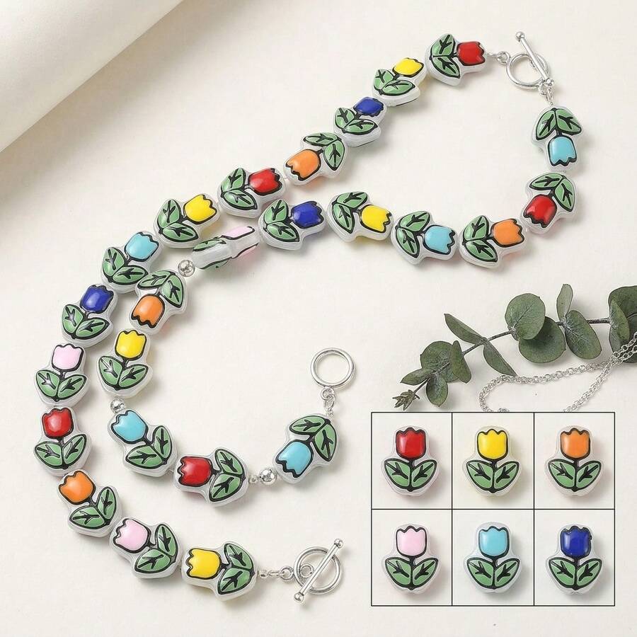 5 piezas de cuentas de tulipán de vidrio hechas a mano, cuentas decorativas florales de colores mixtos, adecuadas para pulseras DIY, accesorios para hacer collares y joyería - Multicolor - Ver 1