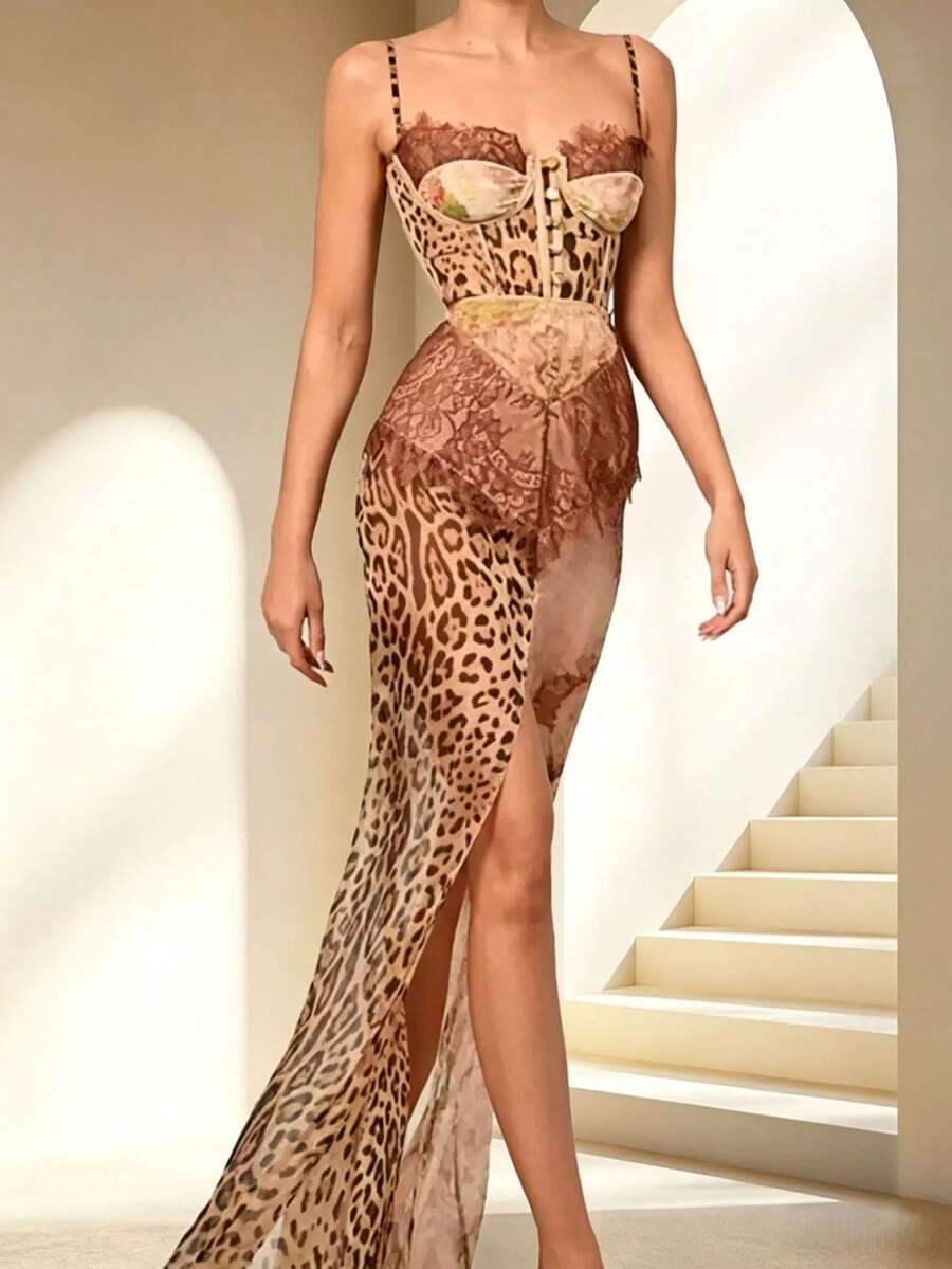 Leopard Print Strappy Backless Dress 2026 - Coffee - View 1