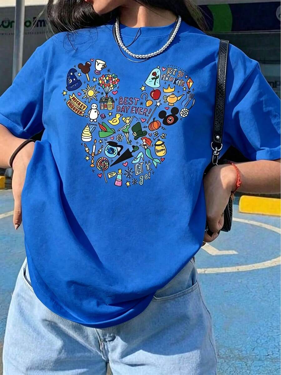 Unisex Casual Cotton Short-Sleeved Round Neck T-Shirt With "Best Day Forever" Print, Regular Fit, Men's Sizes Suitable For The Whole Family. - 藍色 - 查看 1