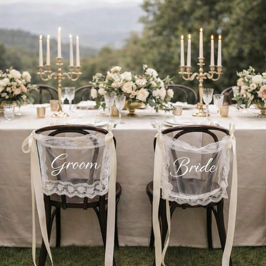 1套新郎新娘/新婚婚禮椅背裝飾，優雅蕾絲椅背裝飾配白色緞面絲帶，浪漫戶外儀式接待椅裝飾，鄉村花園春夏婚禮裝飾，新婚桌飾，新娘婚禮配件派對裝飾