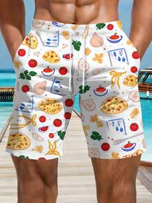 Mens Swim Trunks Pizza And Kitchen Ingredients Pattern Summer Beach Wear 3D Printing Swim Trunks For Vacation And Pool Parties Soft Comfortable Fabric - Multicolor - View 3