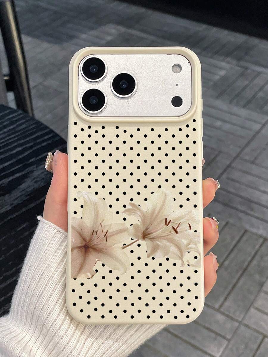 1個復古黑色圓點白色百合人造皮革紋理手機殼,保護套,溫柔復古花卉風格防滑防摔軟殼,日常、生日節日禮物選擇,手機配件,快速出貨,兼容手機殼&Galaxy手機殼,手機殼 - 白色 - 查看 1