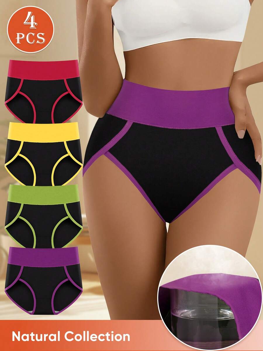 MEIYATING 4 Peças Calcinhas Triangulares Femininas de Cintura Alta com Controle de Barriga, Cor Contrastante, Algodão, Abertura de Perna Alta, Sem Aperto nas Coxas, Confortáveis