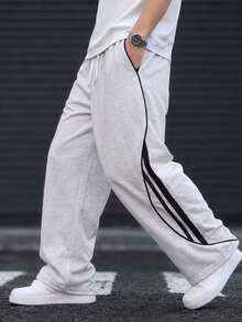 1pc Boys Teenager Autumn American Sports Style Patchwork Casual Loose Straight Leg Pants - Grey - View 2