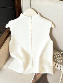 Suéter de mujer de punto con cuello alto, diseño de botones, sin mangas, suelto y casual, color rojo, para primavera/otoño - Blanco - Ver 1