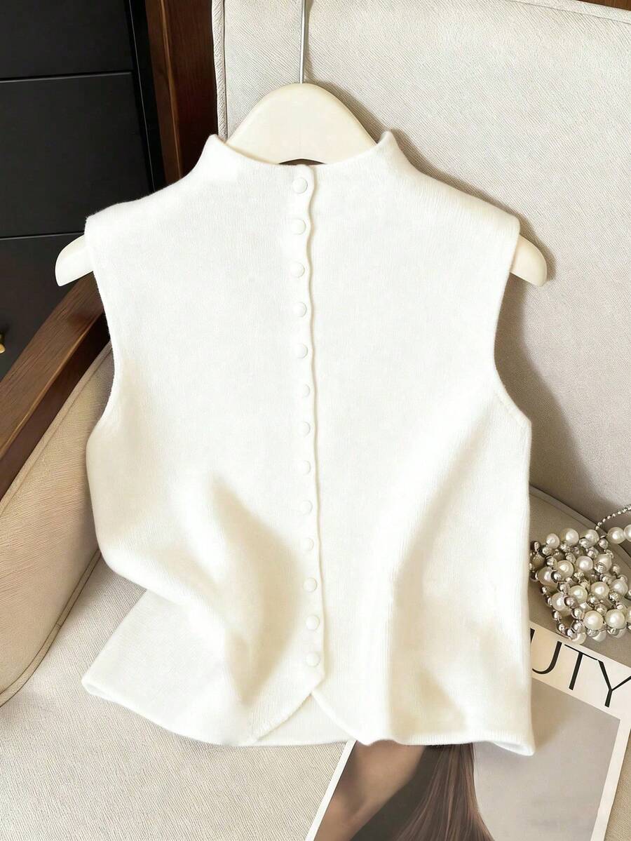 Suéter de mujer de punto con cuello alto, diseño de botones, sin mangas, suelto y casual, color rojo, para primavera/otoño - Blanco - Ver 1