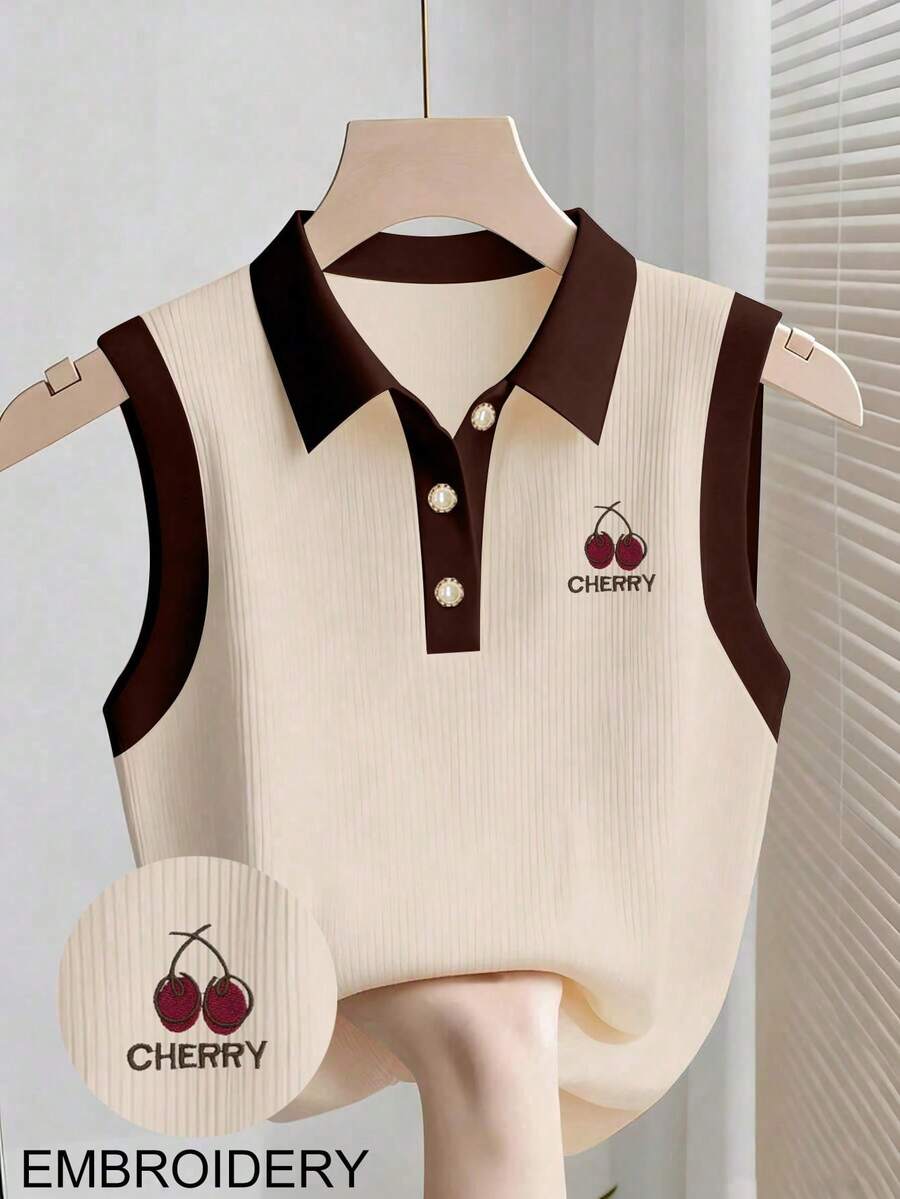 Blusa sin mangas de verano casual para mujer con bordado de lazo y botones a cuarto - Caqui - Ver 1