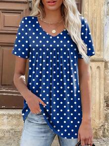 Kaos Wanita Ukuran Besar Motif Polkadot Model Kerut Kasual Lengan Pendek Leher V untuk Liburan Musim Panas - Biru - View 3