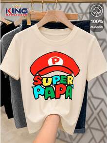 SHENDY VENDY Playera estampada de dama, 100% algodón manga corta - "Super Papá" Estilo Retro Gamer - Beis - Ver 1