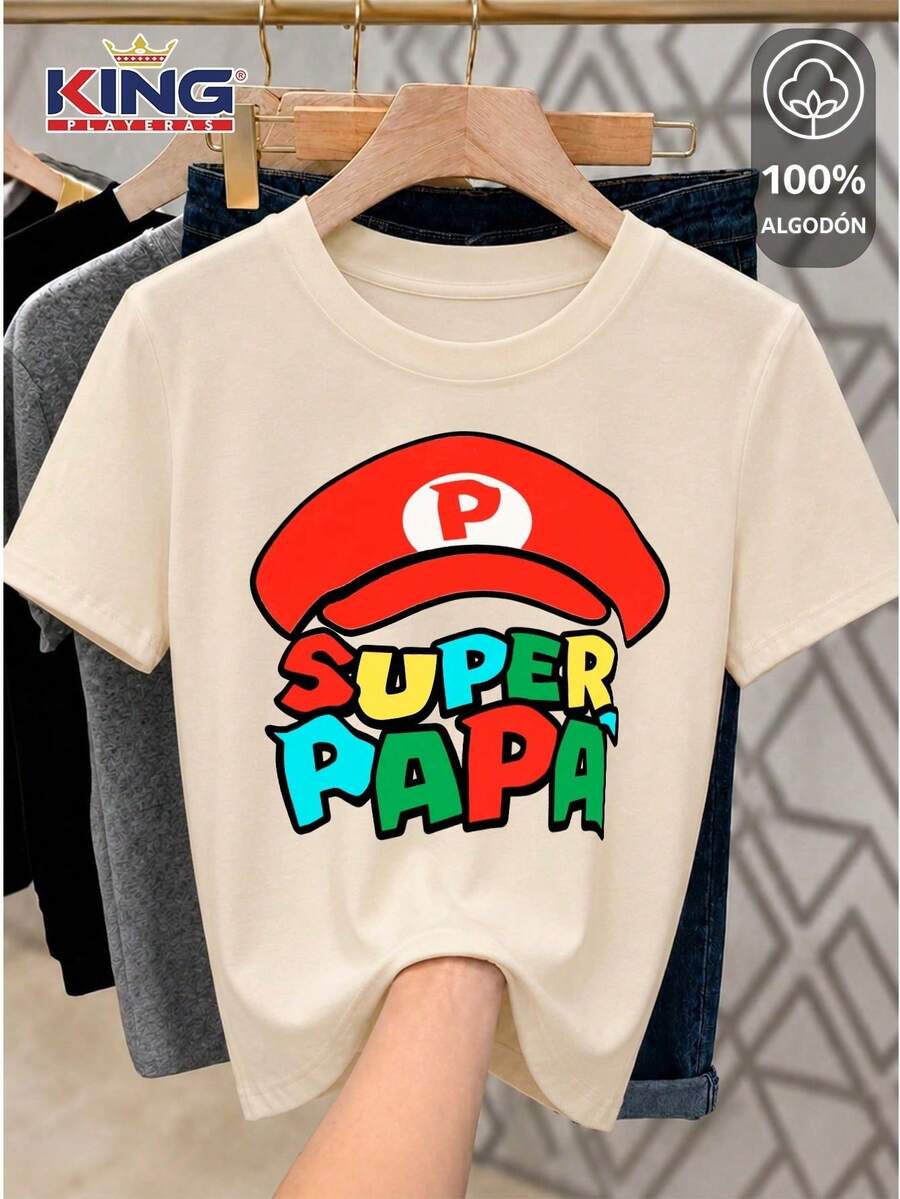 SHENDY VENDY Playera estampada de dama, 100% algodón manga corta - "Super Papá" Estilo Retro Gamer - Beis - Ver 1
