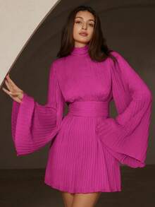 ia Rosie Vestido elegante y ligero de gasa con cuello alto, mangas acampanadas, diseño de cintura ceñida, adecuado para el Día de San Valentín, fiestas de Navidad, estilo europeo y americano - Rojo violeta - Ver 1