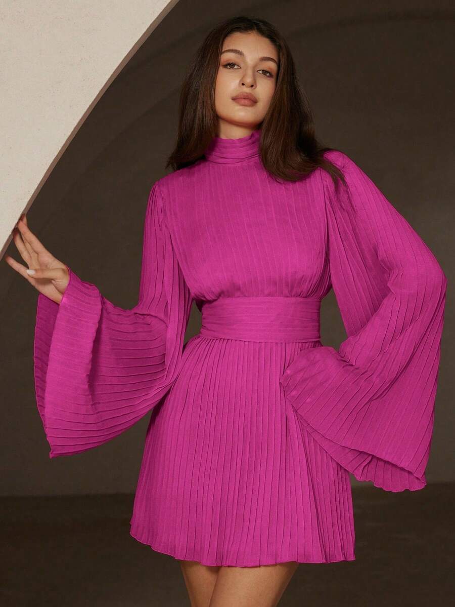 ia Rosie Vestido elegante y ligero de gasa con cuello alto, mangas acampanadas, diseño de cintura ceñida, adecuado para el Día de San Valentín, fiestas de Navidad, estilo europeo y americano - Rojo violeta - Ver 1