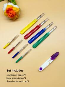 Juego de 9 piezas de descosedores y tijeras para hilo de colores, 4 descosedores grandes, 4 descosedores pequeños multicolor + 1 mini tijera morada, herramientas de costura aptas para todos los niveles de habilidad, uso doméstico, reparación, costura diaria y manualidades - Removedor de hilos - Ver 9