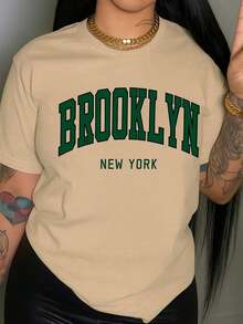 Women's Clothing, Summer Cotton Off-The-Shoulder T-Shirt, Brooklyn Text Print,  Casual Top For Women, Designer Women's Clothing. - 貝斯 - 查看 1
