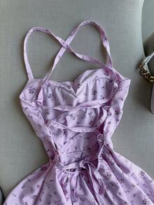 New Women's Floral Print Dress, Strappy Back, Backless, Multi-Layered, Pastel Style, Ideal For Dates, Vacations, Meetings, Parties, Holidays And Daily Wear - 淺藍色 - 查看 2