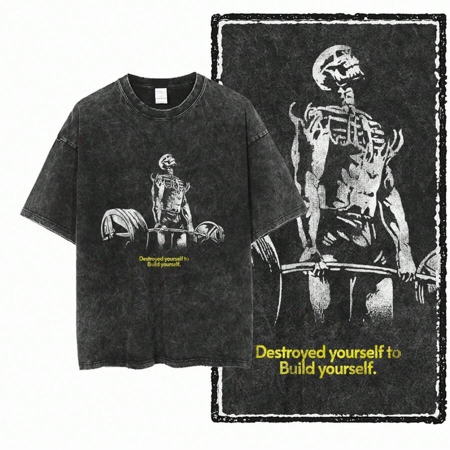 Tenue d'été pour hommes, t-shirt, tenue d'été pour hommes et femmes, t-shirt surdimensionné - Style vintage délavé à l'acide - Amusant pour la gym, la musculation et le soulevé de terre - E - Voir 1