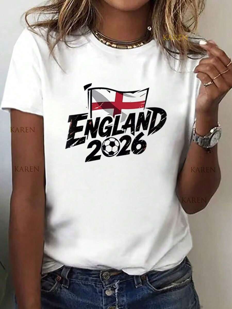 Camiseta de mujer 100% algodón, estampada con el gráfico 'Y2K Retro England 2026 Varsity Font, Soccer, St. George's Flag', camiseta para ver fútbol 2026, camiseta casual para mujer, camiseta - Blanco - Ver 1