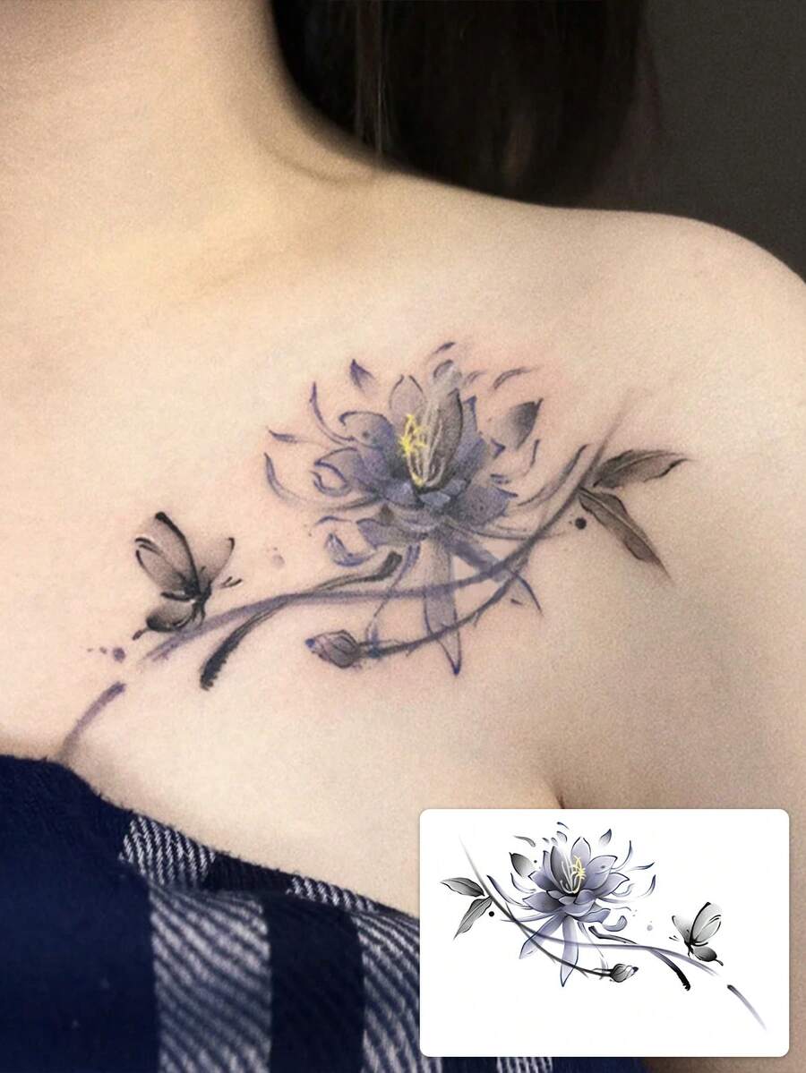 1 Pc Chinese Ink Wash Lotus Temporary Tattoo, Waterproof Fake Delicate Watercolor Tattoo Sticker With Butterfly, Elegant Whimsical Body Art - Multicolor - View 1