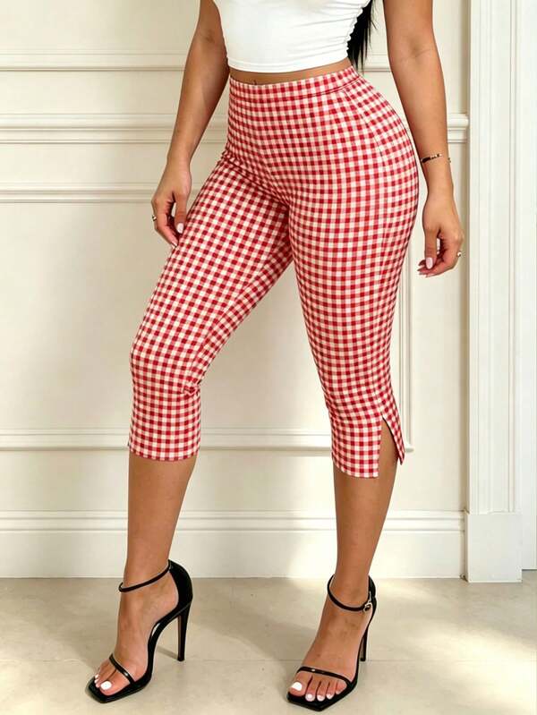 1pc Women's Red & White Plaid High Waist Cropped Leggings With Slit Hem, Slim Fit, Suitable For Sports, Exercise And Casual Daily Wear