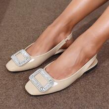 Elegant Apricot Patent Leather Back Strap Flat Shoes, Square Toe Rhinestone Buckle Decor Evening Shoes - Apricot - View 4