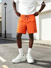 Bright Orange Men's Casual Shorts | Elastic Waist Drawstring Summer Streetwear Shorts With Pockets - Orange - View 2
