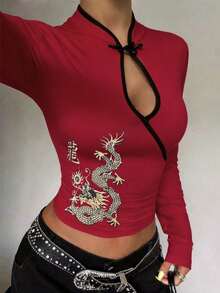 Camiseta retro de cuello alto y manga larga Ms.  Y2K con estampado de dragón, decoración de botones, en color albaricoque, corte ajustado, top cómodo para otoño e invierno. - Rojo - Ver 1