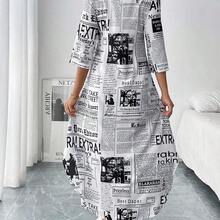 Vestido camisero de mujer de estilo maxi con estampado de periódico - Multicolor - Ver 3