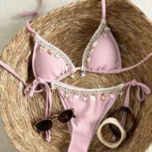 dagjydgfyja Swim Vcay Conjunto de bikini con textura de tela, tirantes tejidos y decoración de conchas marinas para vacaciones de mujer - Rosa - Ver 1