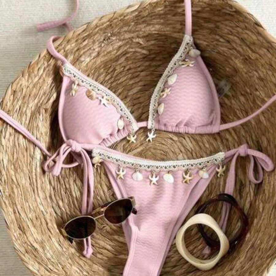 dagjydgfyja Swim Vcay Conjunto de bikini con textura de tela, tirantes tejidos y decoración de conchas marinas para vacaciones de mujer - Rosa - Ver 1